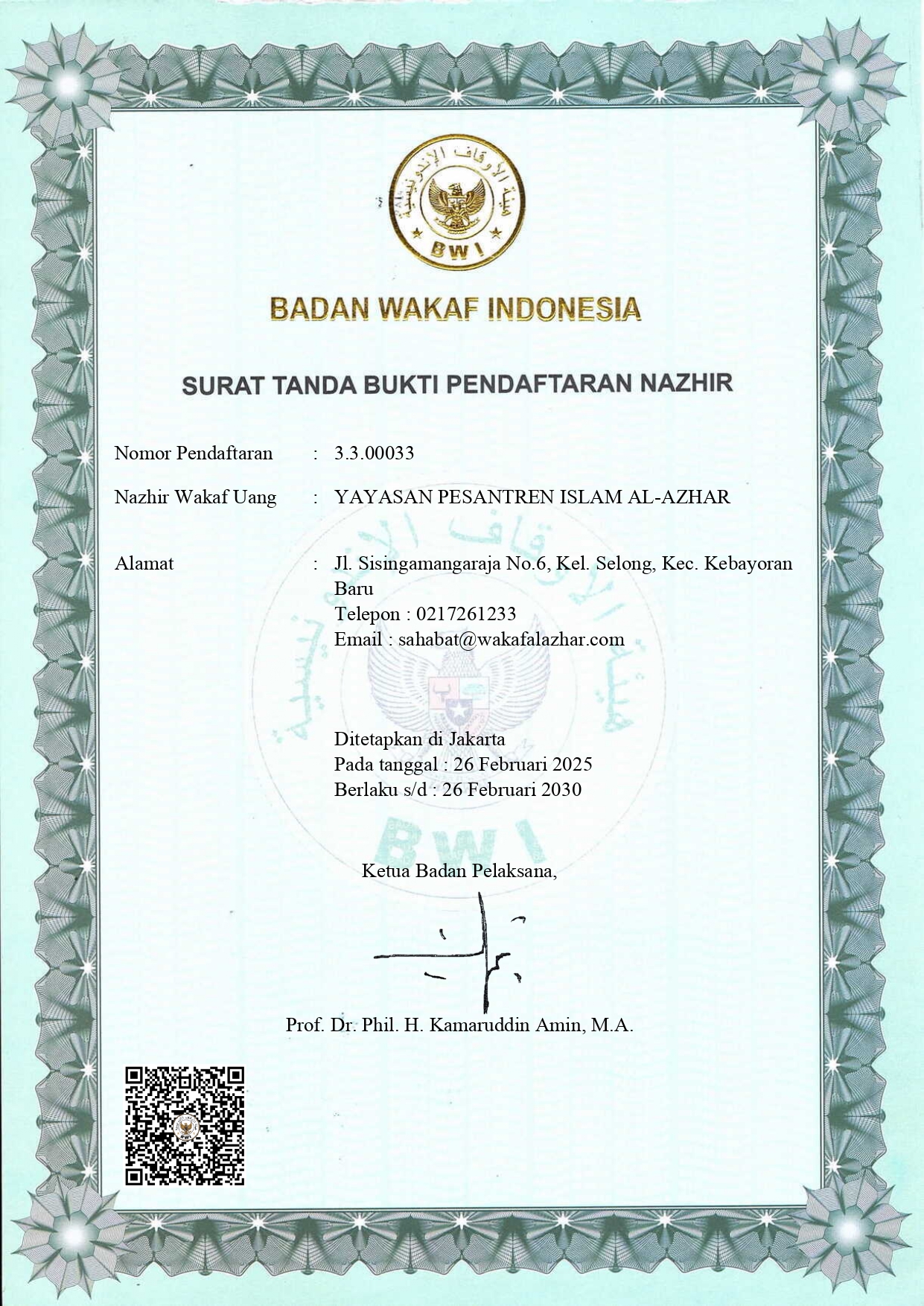 Surat Tanda Bukti Pendaftaran Nazhir dari Badan Wakaf Indonesia — No. 3.3.00033, Yayasan Pesantren Islam Al-Azhar, berlaku sampai 26 Februari 2030