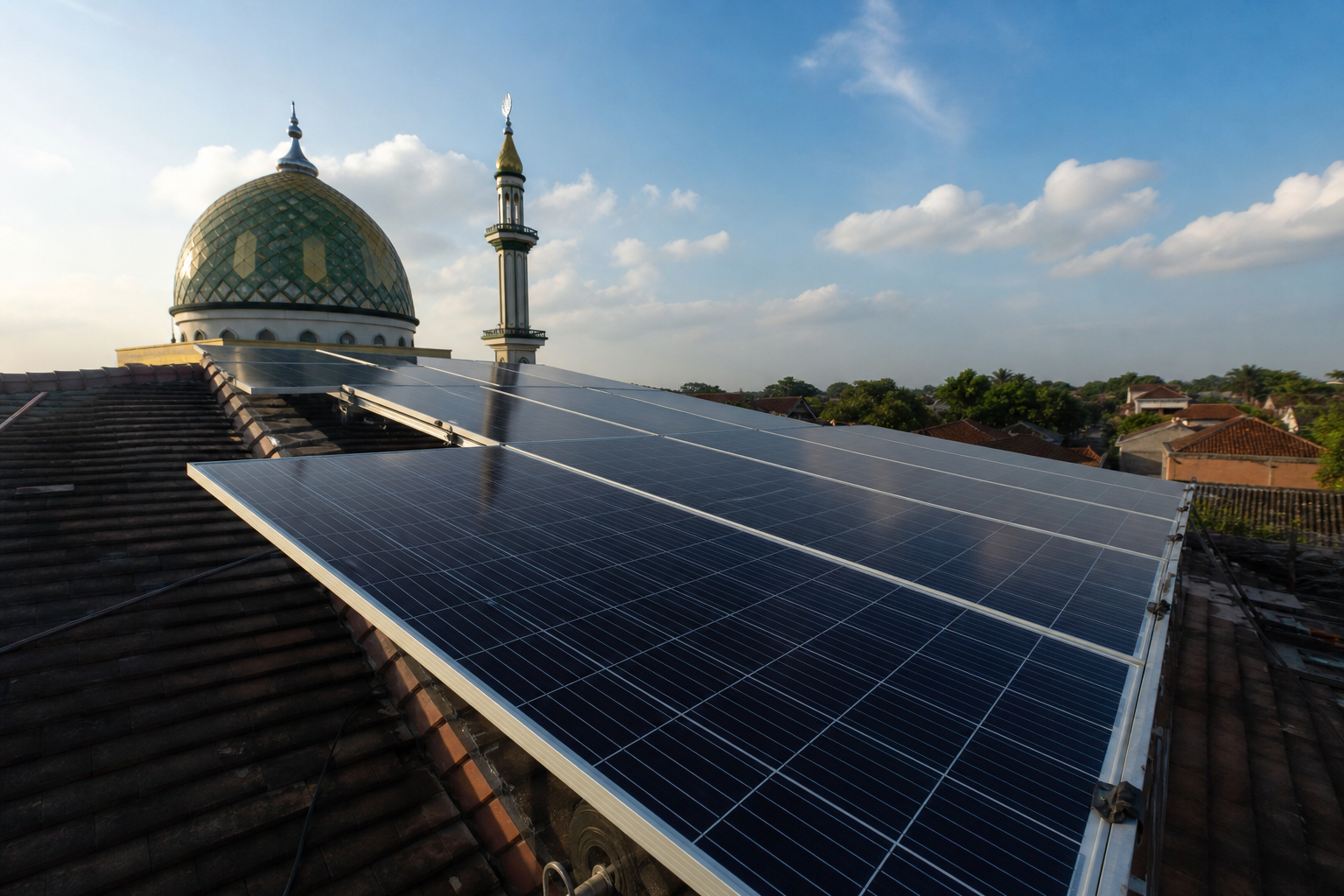 Panel surya terpasang di atap masjid dengan latar kubah dan menara
